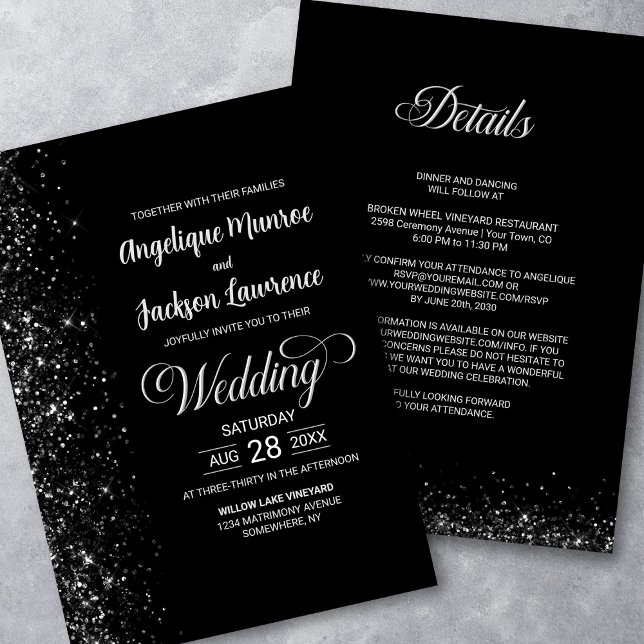 Modern All In One Black Glitter Wedding Invitation (Creator Uploaded)