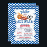Modern All Star Sports Boys Baby Shower Invitation<br><div class="desc">Modern bold & bright all star sport baby shower invitation featuring a cute baseball, football, soccer ball, base ball and baseball bat. Our It's a baby boy all star invite is set on a blue & white chevron zigzag background and has a matching back for an extra special touch. Perfect...</div>
