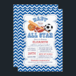 Modern All Star Sports Boys Baby Shower Invitation<br><div class="desc">Modern bold & bright all star sport baby shower invitation featuring a cute baseball, football, soccer ball, base ball and baseball bat. Our It's a baby boy all star invite is set on a blue & white chevron zigzag background and has a matching back for an extra special touch. Perfect...</div>
