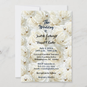 Modern All White Full Bloom Roses Pearl Wedding Invitation