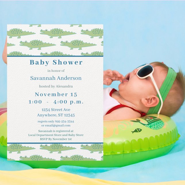Modern Alligator Baby Shower Green Teal Blue Invitation (Creator Uploaded)