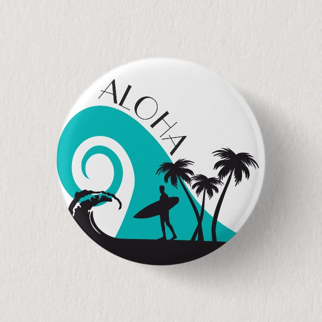 Modern Aloha Surf and Palm Trees Button (Front)