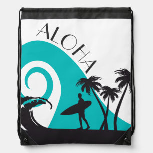 Modern Aloha Surf and Palm Trees Drawstring Bag