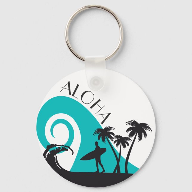 Modern Aloha Surf and Palm Trees Keychain (Front)