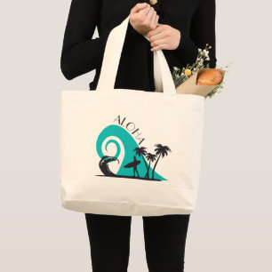 Modern Aloha Surf and Palm Trees Large Tote Bag