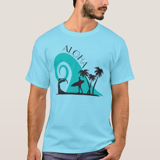 ,Modern Aloha Surf and Palm Trees T-Shirt (Front)