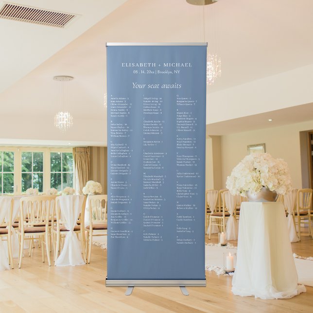 Modern Alphabetical Dusty-Blue Seating Retractable Banner (Easily guide guests to their seats with this alphabetically ordered seating retractable banner.)