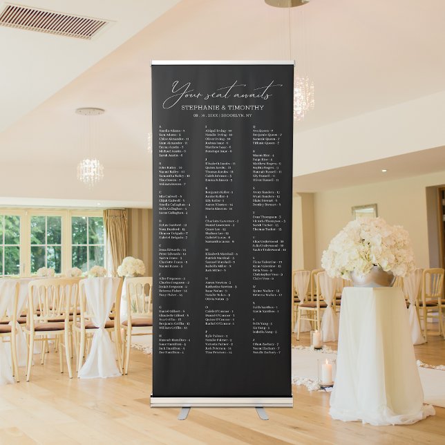 Modern Alphabetical Large Black Wedding Seating Retractable Banner (Easily guide guests to their seats with this alphabetically ordered seating retractable banner.)