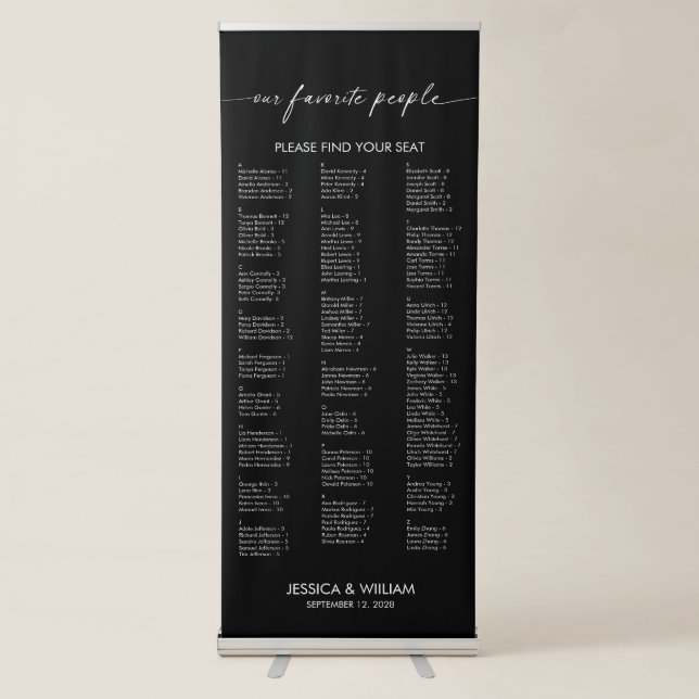 Modern Alphabetical Large Wedding Seating Chart Retractable Banner (Front)