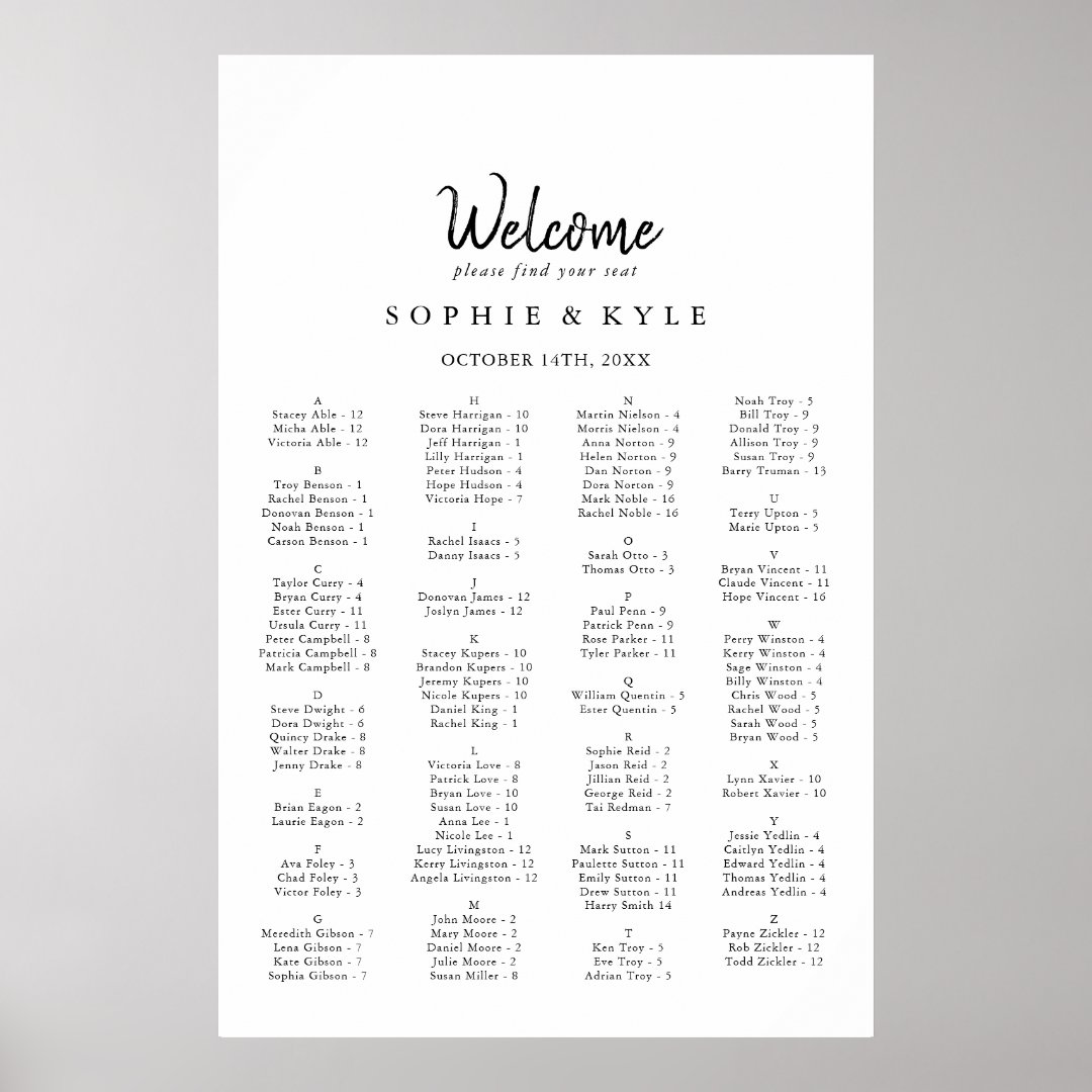 Modern Alphabetical Seating Chart | Zazzle