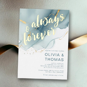 Modern Always Forever Blue Gold Beach Wedding Foil Invitation