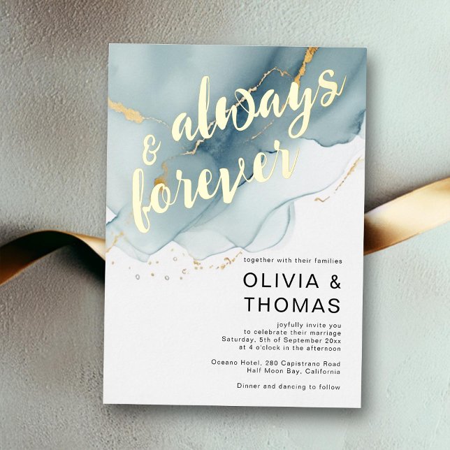 Modern Always Forever Blue Romantic Beach Wedding Foil Invitation (always and forever beach wedding invitation dusty blue gold modern romantic elegant bohemian simple)