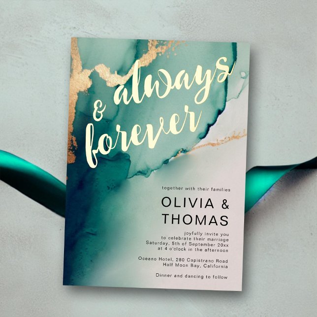 Modern Always Forever Emerald Gold Beach Wedding Foil Invitation (emerald beach wedding invitation elegant bohemian modern romantic gold waves simple always forever)