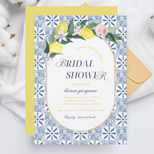 Modern Amalfi Coast Lemon Blue Tile Bridal Shower Invitation