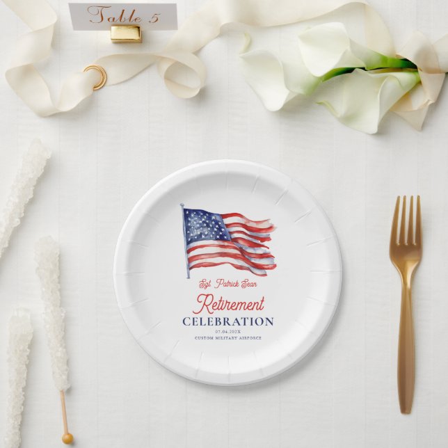 Modern American Flag 4th of July Army Retirement  Paper Plates (Wedding)