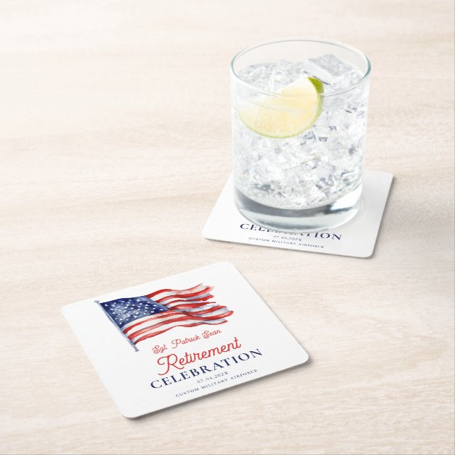 Modern American Flag 4th of July Army Retirement  Square Paper Coaster (Insitu)