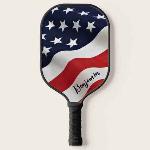 Modern American Flag Personalized Name Patriotic Pickleball Paddle