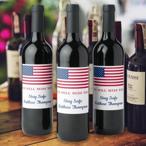 Modern American Flag Soldier Going Away Party  Wine Label