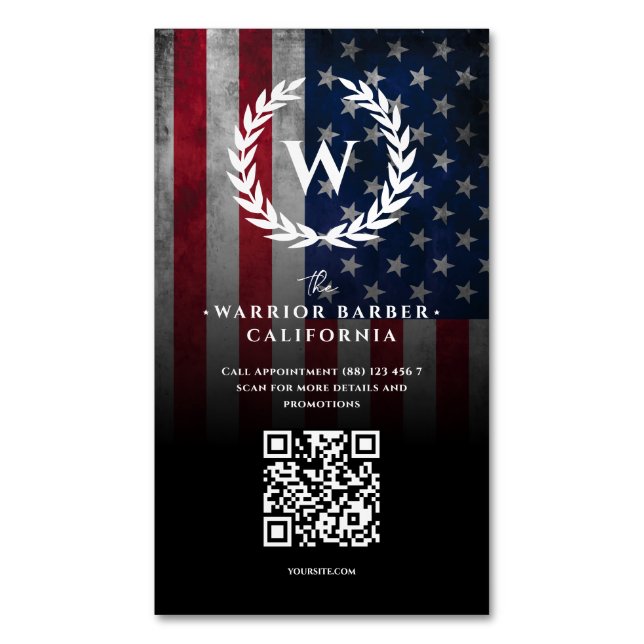 Modern American Flag US Barbershop Monogram Barber Business Card Magnet (Front Vertical)