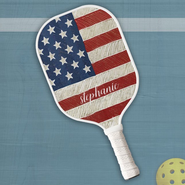 Modern American Flag with Trendy Script Name Pickleball Paddle (Creator Uploaded)