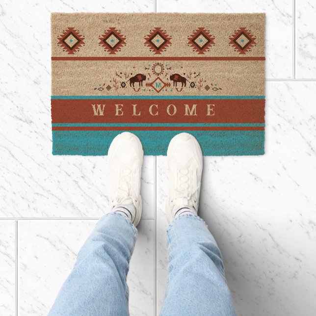 Modern American Native Influenced Pattern Monogram Fiber Doormat (Insitu)