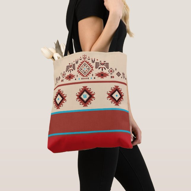 Modern American Native Influenced Pattern Monogram Tote Bag (Close Up)