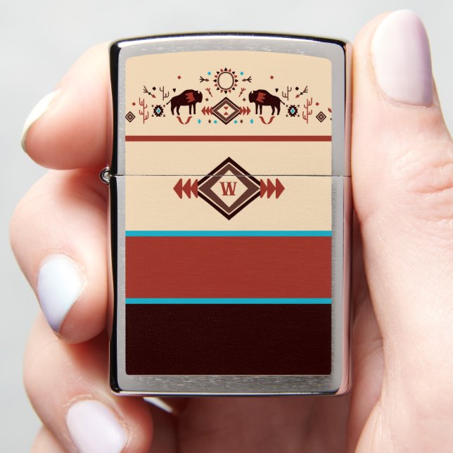 Modern American Native Influenced Pattern Monogram Zippo Lighter (In Hand)