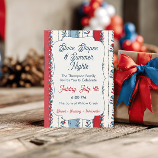 Modern Americana Floral Stripe 4th of July Invitation