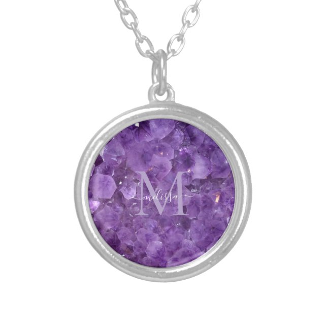 Modern Amethyst Birthstone Monogram Personalized  Silver Plated Necklace (Front)