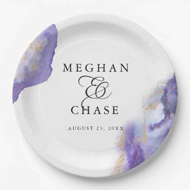 Modern Amethyst Watercolor Geode BarefootBride™ Paper Plates (Front)