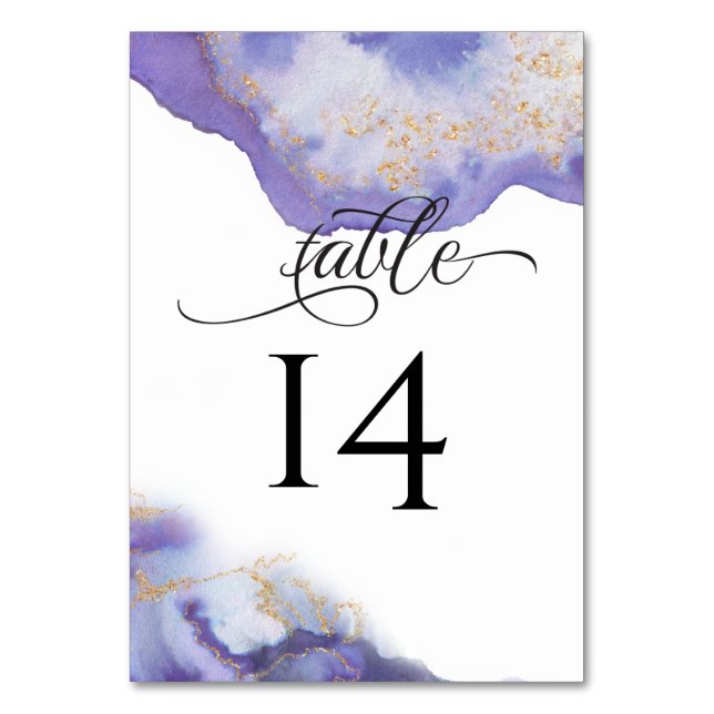 Modern Amethyst Watercolor Geode  BarefootBride™ Table Number (Front)