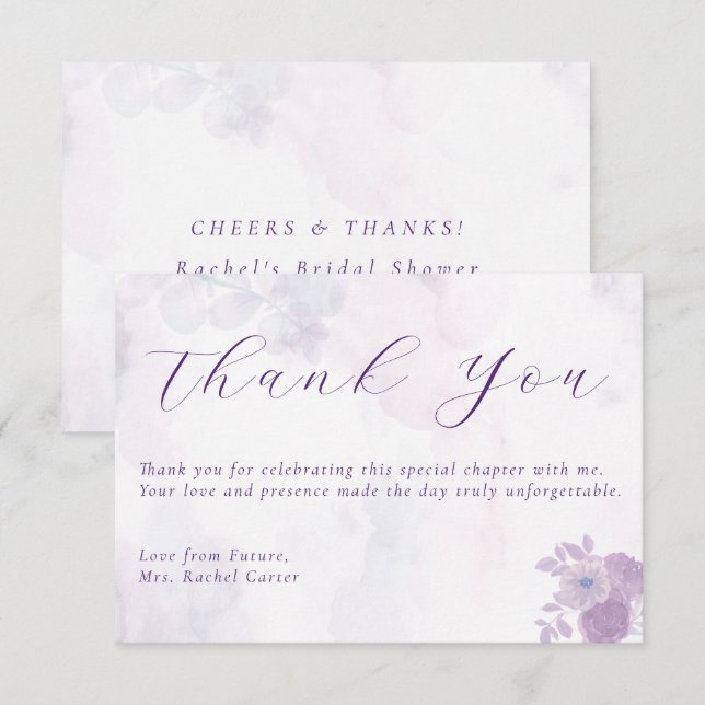 Modern Amethyst Watercolor Script Bridal Shower  Thank You Card (Front/Back)