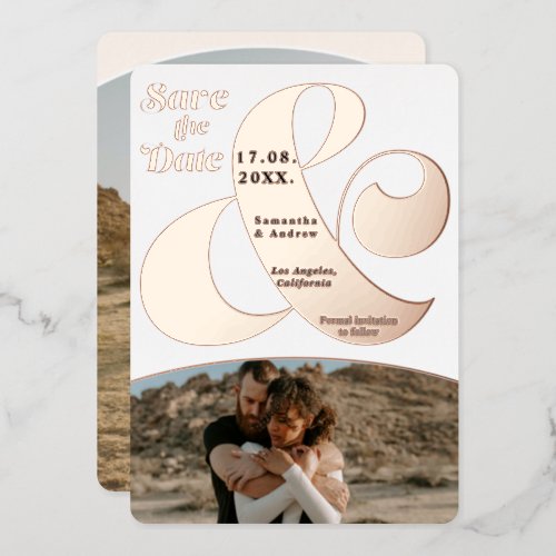 Modern ampersand 2 photos save the date rose gold foil invitation