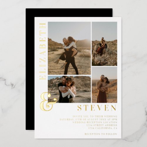 Modern ampersand 4 photo grid wedding gold foil invitation