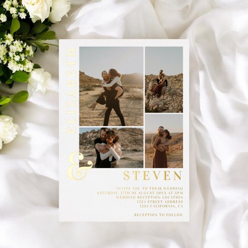 Modern ampersand 4 photo grid wedding gold foil invitation