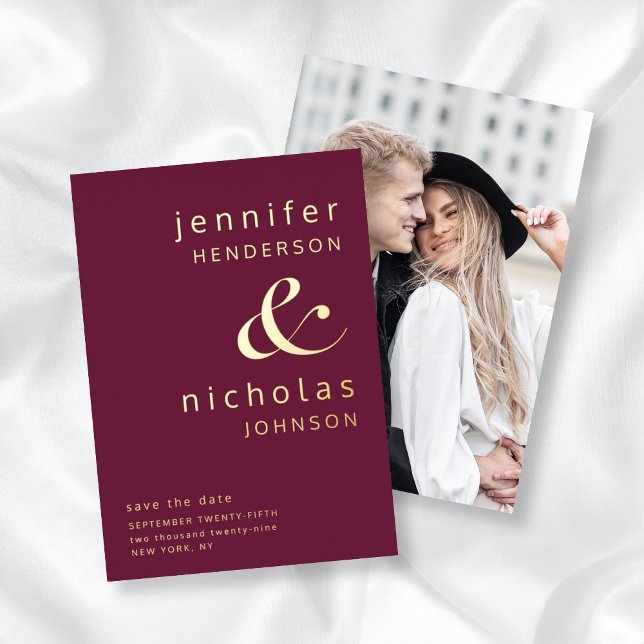 Modern Ampersand Burgundy Photo Save The Date Foil Invitation (Creator Uploaded)