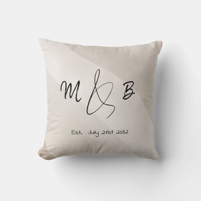Modern Ampersand Couple Initials Script Neutral Throw Pillow (Front)