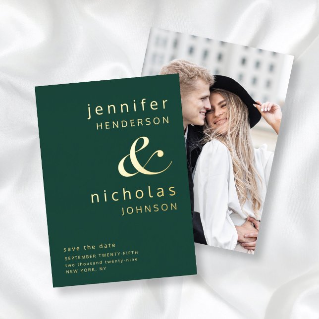 Modern Ampersand Emerald Green Photo Save The Date Foil Invitation (Creator Uploaded)