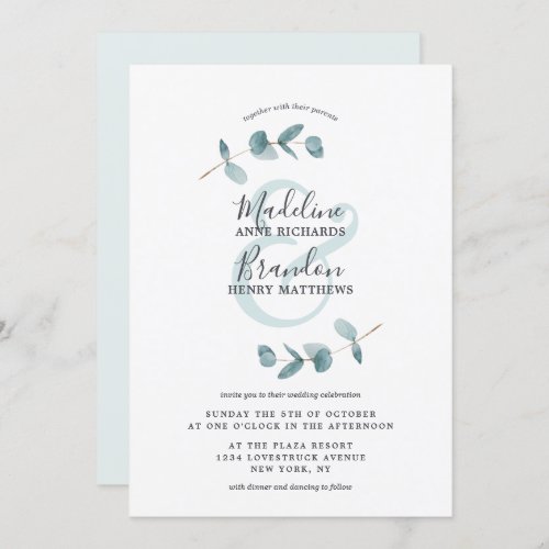 Modern Ampersand Eucalyptus Wreath Script Wedding Invitation