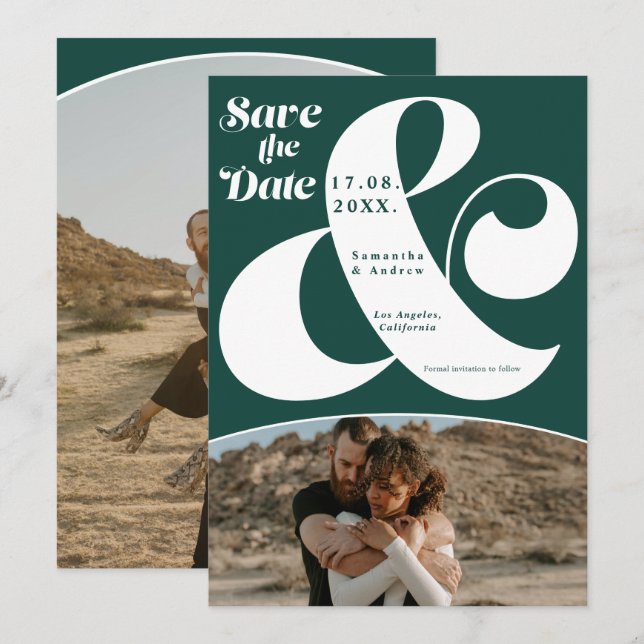 Modern ampersand green 2 photos save the date (Front/Back)