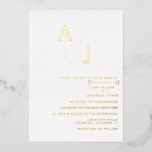 Modern Ampersand Heart Line Wedding Pressed Foil Invitation