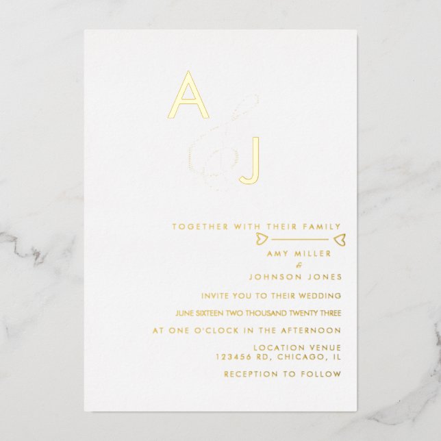 Modern Ampersand Heart Line Wedding Pressed Foil Invitation (Front)