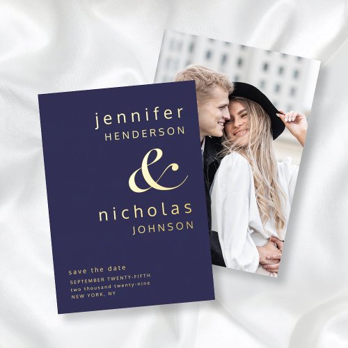 Modern Ampersand Navy Blue Photo Save The Date Foil Invitation