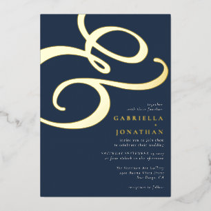Modern Ampersand Navy Blue Wedding Gold Foil Invitation