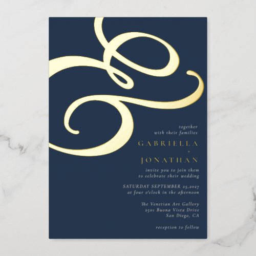 Modern Ampersand Navy Blue Wedding Gold Foil Invitation