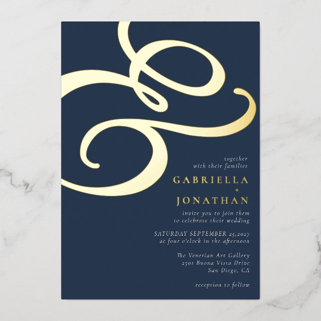 Modern Ampersand Navy Blue Wedding Gold Foil Invitation (Front)