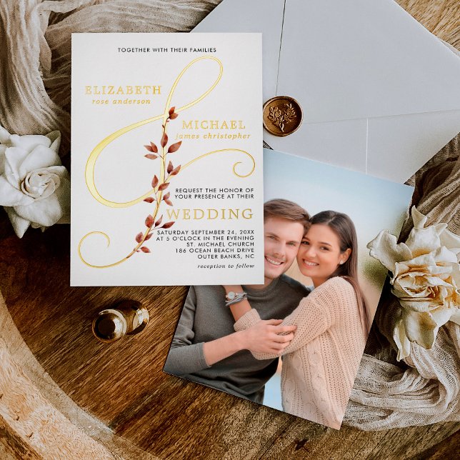 Modern Ampersand Photo Elegant Fall Wedding Gold Foil Invitation (Creator Uploaded)
