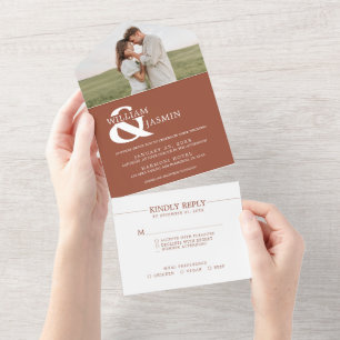 Modern Ampersand Rustic Terracotta Photo Wedding All In One Invitation