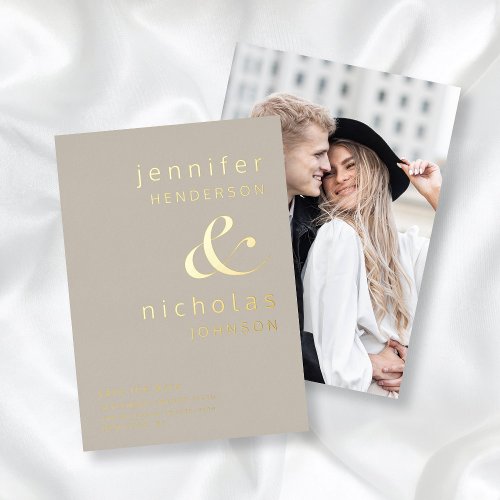 Modern Ampersand Taupe Photo Save The Date Foil Invitation