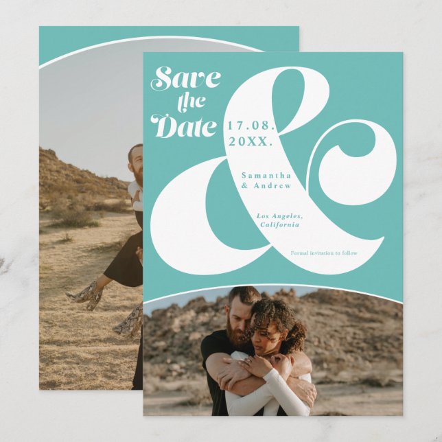 Modern ampersand turquoise 2 photos save the date (Front/Back)
